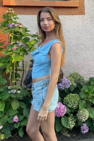 Dahlia Waterfall Top in Light Blue · effortless scandi t-shirt for women from ITS MAY