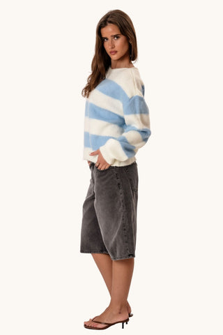 Celina Striped Knitted Sweater - White/Sky Blue