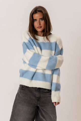 Celina Striped Knitted Sweater in White/Sky Blue · effortless scandi knitwear for women from ITS MAY