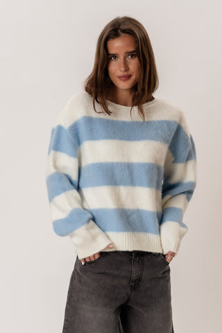 Celina Striped Knitted Sweater in White/Sky Blue · effortless scandi knitwear for women from ITS MAY