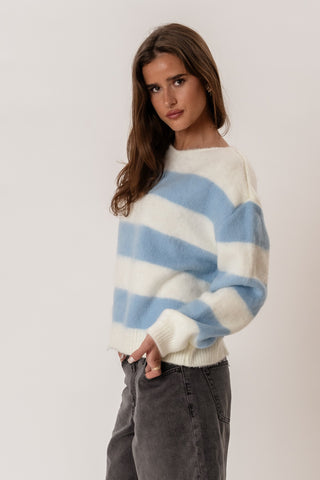 Celina Striped Knitted Sweater in White/Sky Blue · effortless scandi knitwear for women from ITS MAY